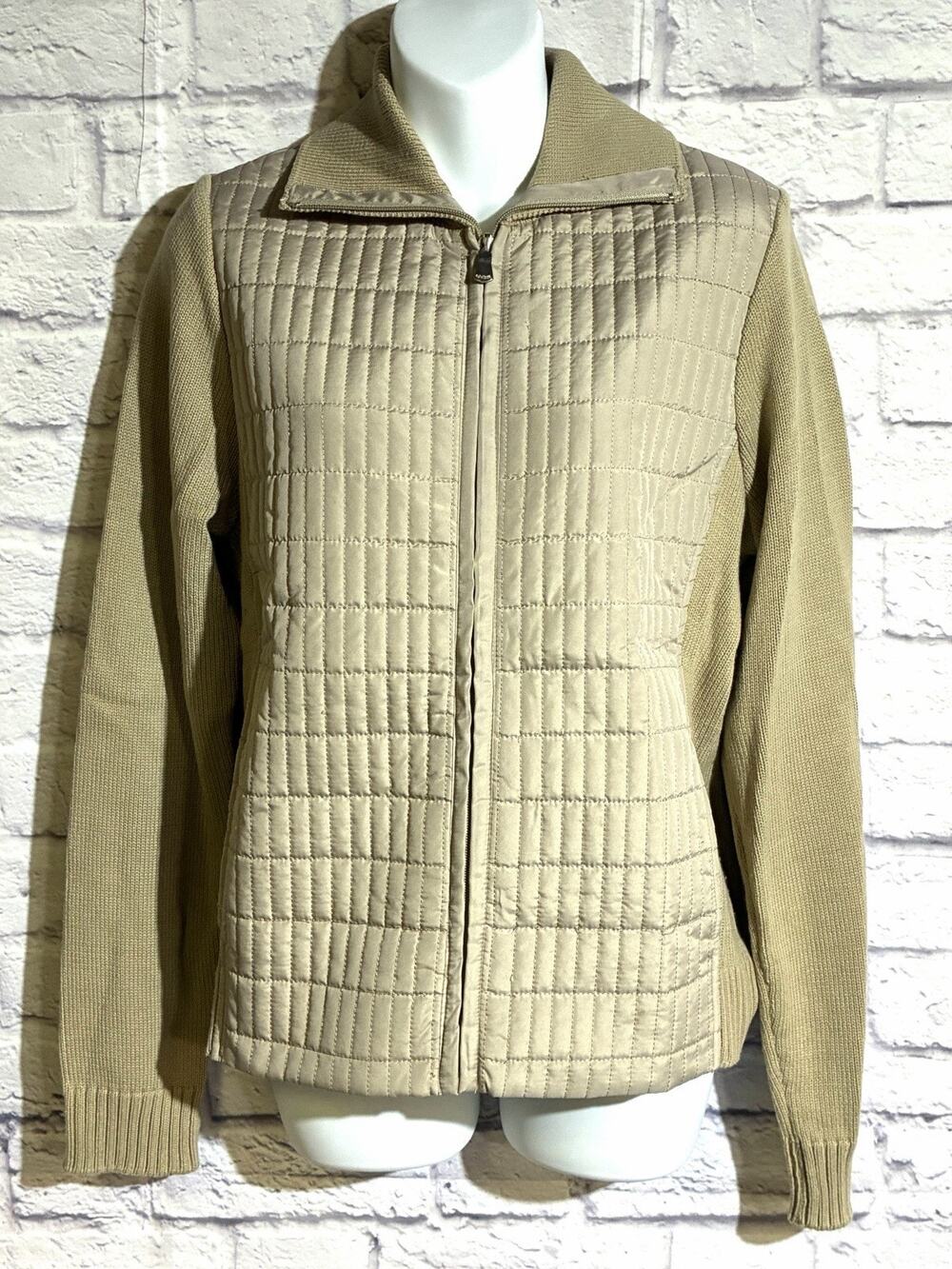 Eivissa Womens M Quilted Sweater Jacket Beige Tan Knit Sleeve Full Zip